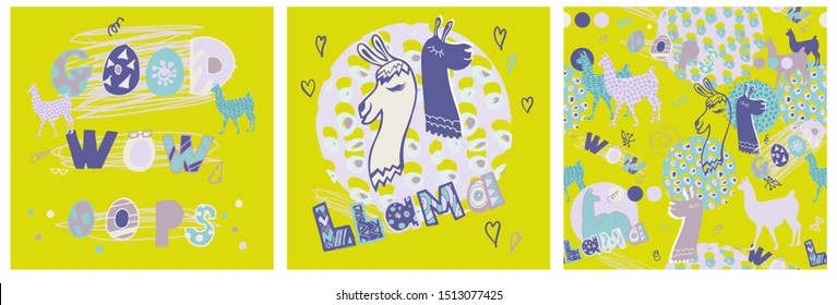 square banner templates with llamas and inscription: wow, oops, and good, Llama. silhouettes of llamas and seamless pattern with llamas