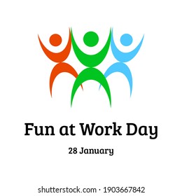 a square banner with the text "Fun at Work Day 28 January" with a combination of red, green, blue, black and white colors and an ornament symbol of three cheerful people