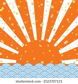 Anuncio cuadrado con fondo transparente de confeti de hoja de oro con primer amanecer naranja y olas azules del mar