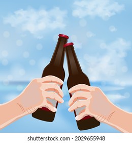 Banner cuadrado con dos manos humanas sosteniendo botellas de cerveza marrones en cielo azul y fondo marino. Día Internacional de la Cerveza. Día de la cerveza. Bebidas alcohólicas. Plantilla. Publicación. Ilustración del vector