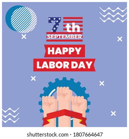 A square banner for USA labor day on 7th September with Labor worker characters fists and gear, easily editable vector. As it is square banner, it is perfect for any social media platforms.