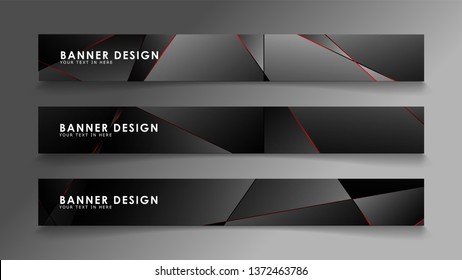 Square banner vector collection . Black premium background with luxury dark polygonal pattern and red triangle lines