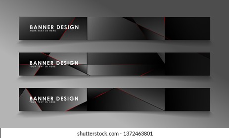 Square banner vector collection . Black premium background with luxury dark polygonal pattern and red triangle lines