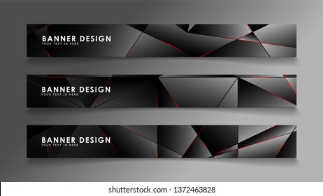 Square banner vector collection . Black premium background with luxury dark polygonal pattern and red triangle lines
