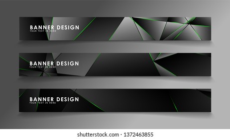 square banner vector collection . Black premium background with luxury dark polygonal pattern and green triangle lines