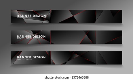 Square banner vector collection . Black premium background with luxury dark polygonal pattern and red triangle lines