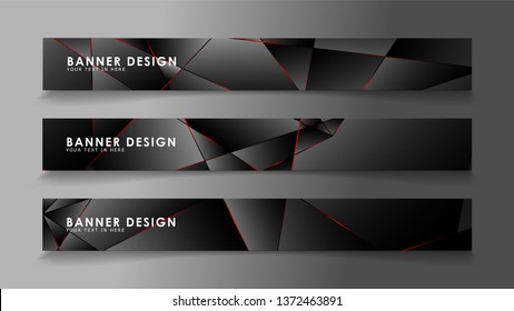 Square banner vector collection . Black premium background with luxury dark polygonal pattern and red triangle lines