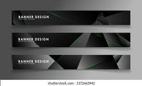 square banner vector collection . Black premium background with luxury dark polygonal pattern and green triangle lines