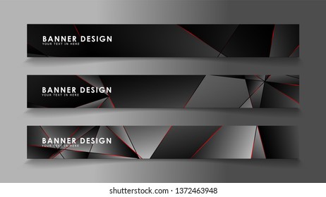 Square banner vector collection . Black premium background with luxury dark polygonal pattern and red triangle lines