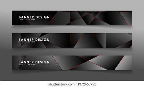 Square banner vector collection . Black premium background with luxury dark polygonal pattern and red triangle lines