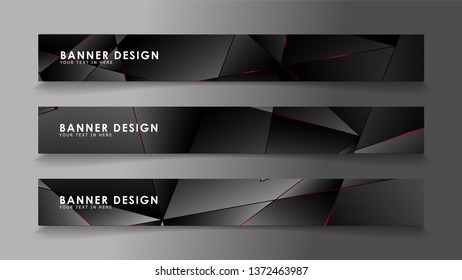Square banner vector collection . Black premium background with luxury dark polygonal pattern and red triangle lines