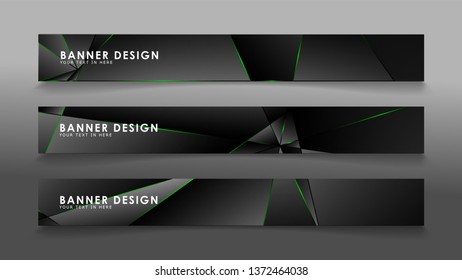 square banner vector collection . Black premium background with luxury dark polygonal pattern and green triangle lines