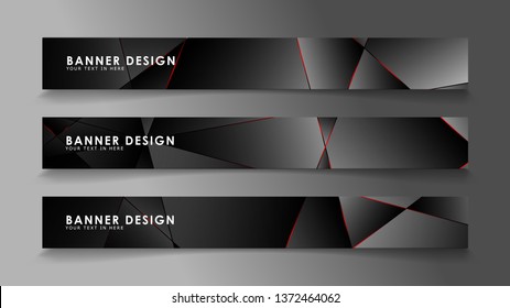 Square banner vector collection . Black premium background with luxury dark polygonal pattern and red triangle lines