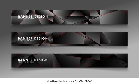 Square banner vector collection . Black premium background with luxury dark polygonal pattern and red triangle lines