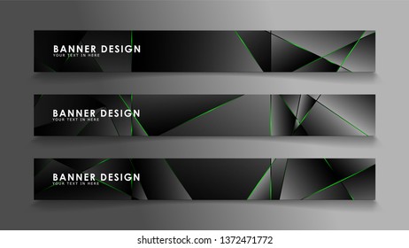 square banner vector collection . Black premium background with luxury dark polygonal pattern and green triangle lines