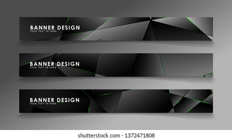 square banner vector collection . Black premium background with luxury dark polygonal pattern and green triangle lines