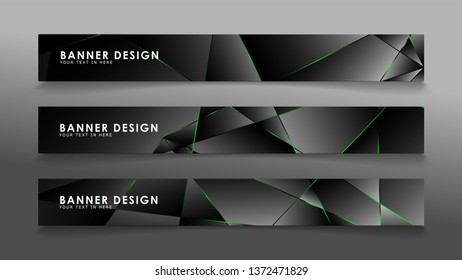 square banner vector collection . Black premium background with luxury dark polygonal pattern and green triangle lines