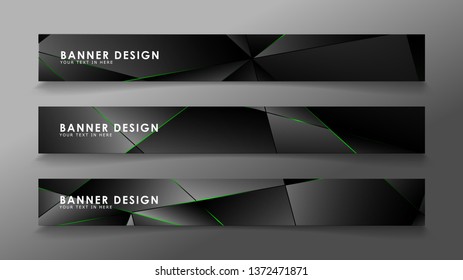 square banner vector collection . Black premium background with luxury dark polygonal pattern and green triangle lines