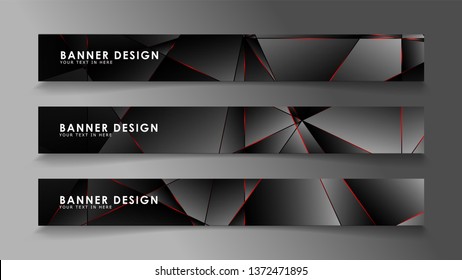 Square banner vector collection . Black premium background with luxury dark polygonal pattern and red triangle lines