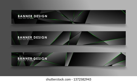 square banner vector collection . Black premium background with luxury dark polygonal pattern and green triangle lines