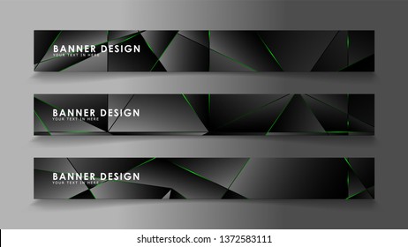 square banner vector collection . Black premium background with luxury dark polygonal pattern and green triangle lines