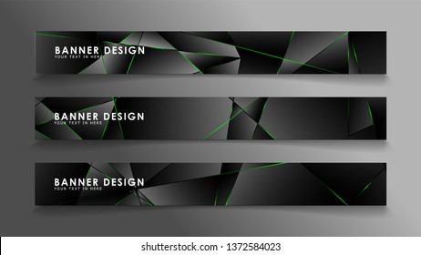 square banner vector collection . Black premium background with luxury dark polygonal pattern and green triangle lines