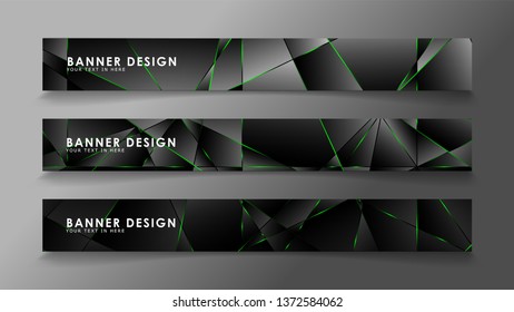 square banner vector collection . Black premium background with luxury dark polygonal pattern and green triangle lines