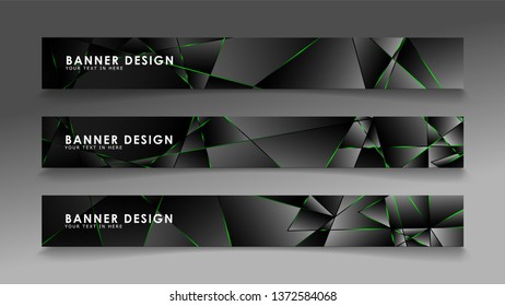 square banner vector collection . Black premium background with luxury dark polygonal pattern and green triangle lines