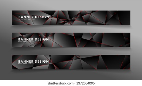 Square banner vector collection . Black premium background with luxury dark polygonal pattern and red triangle lines