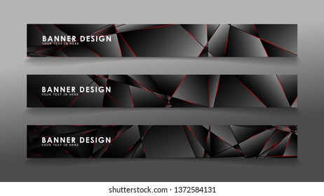 Square banner vector collection . Black premium background with luxury dark polygonal pattern and red triangle lines