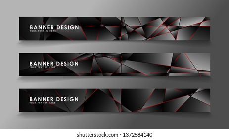 Square banner vector collection . Black premium background with luxury dark polygonal pattern and red triangle lines