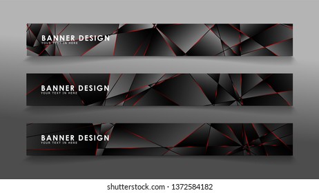 Square banner vector collection . Black premium background with luxury dark polygonal pattern and red triangle lines