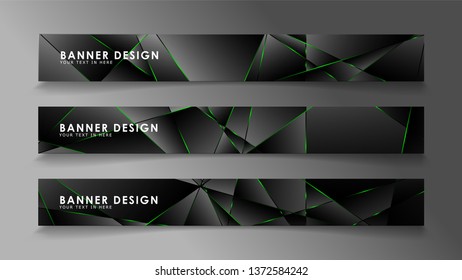 square banner vector collection . Black premium background with luxury dark polygonal pattern and green triangle lines