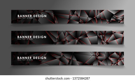 Square banner vector collection . Black premium background with luxury dark polygonal pattern and red triangle lines