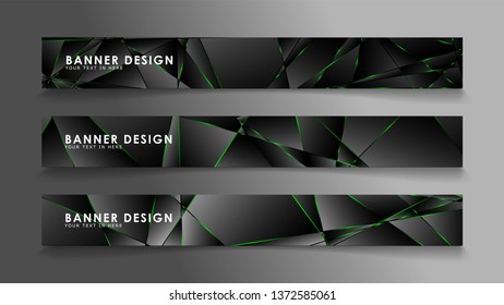 square banner vector collection . Black premium background with luxury dark polygonal pattern and green triangle lines