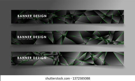 square banner vector collection . Black premium background with luxury dark polygonal pattern and green triangle lines