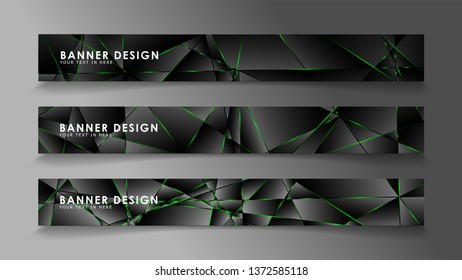 square banner vector collection . Black premium background with luxury dark polygonal pattern and green triangle lines