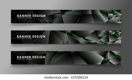square banner vector collection . Black premium background with luxury dark polygonal pattern and green triangle lines