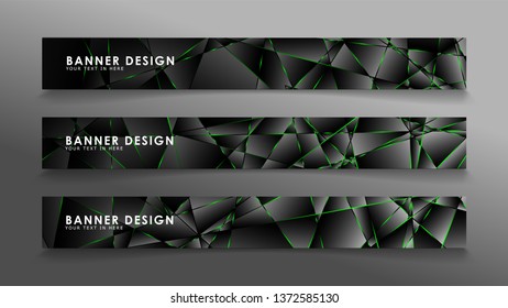 square banner vector collection . Black premium background with luxury dark polygonal pattern and green triangle lines