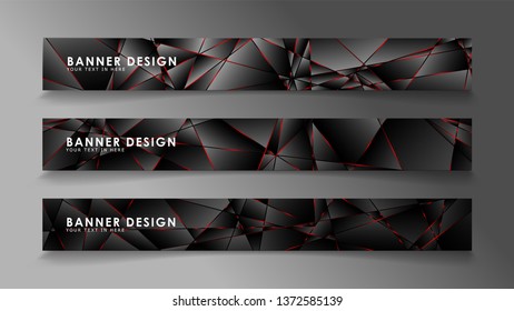 Square banner vector collection . Black premium background with luxury dark polygonal pattern and red triangle lines