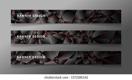 Square banner vector collection . Black premium background with luxury dark polygonal pattern and red triangle lines