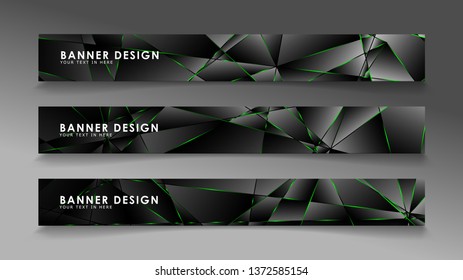 square banner vector collection . Black premium background with luxury dark polygonal pattern and green triangle lines