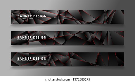 Square banner vector collection . Black premium background with luxury dark polygonal pattern and red triangle lines