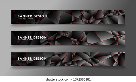 Square banner vector collection . Black premium background with luxury dark polygonal pattern and red triangle lines