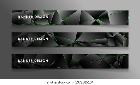 square banner vector collection . Black premium background with luxury dark polygonal pattern and green triangle lines