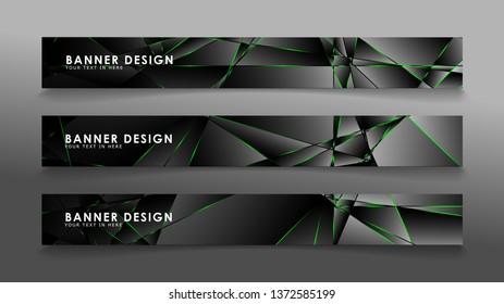 square banner vector collection . Black premium background with luxury dark polygonal pattern and green triangle lines