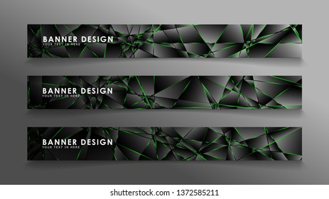 square banner vector collection . Black premium background with luxury dark polygonal pattern and green triangle lines