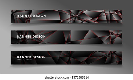 Square banner vector collection . Black premium background with luxury dark polygonal pattern and red triangle lines