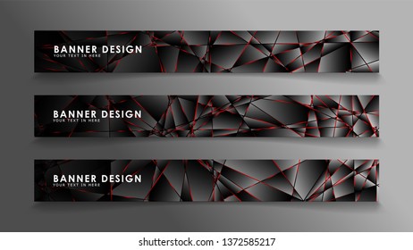 Square banner vector collection . Black premium background with luxury dark polygonal pattern and red triangle lines