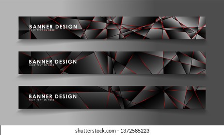 Square banner vector collection . Black premium background with luxury dark polygonal pattern and red triangle lines